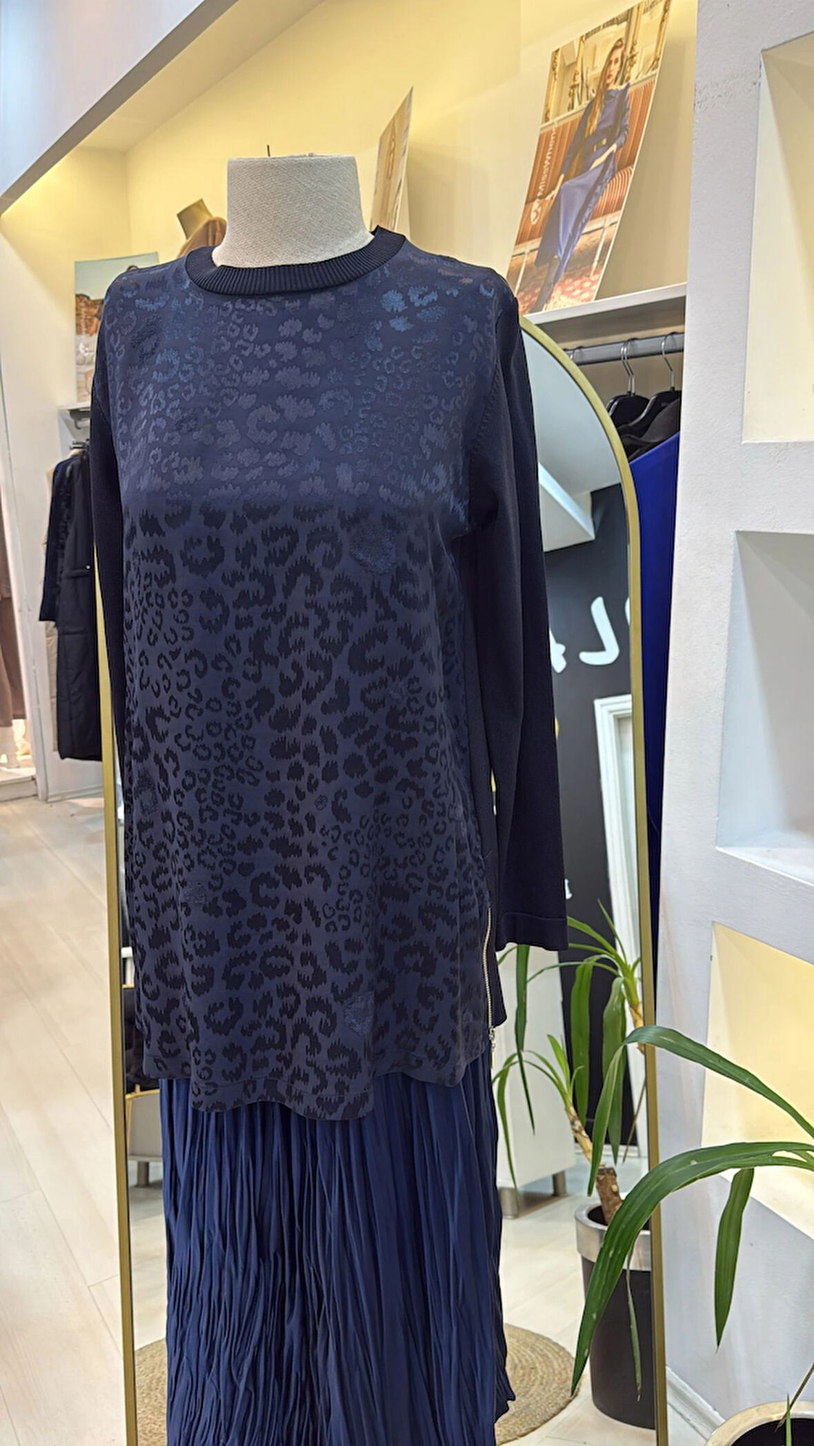 Nuss 3002 Leopar Jakar Detay Merserize Tunik - lacivert