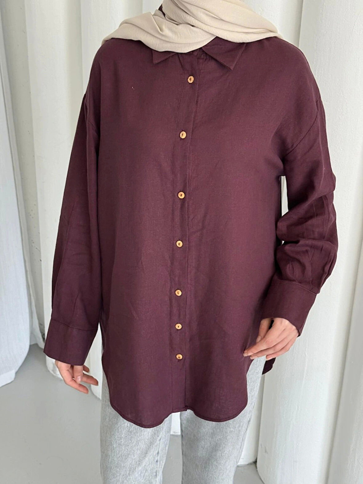 merwish Düğme Keten Gömlek-Bordo 1362