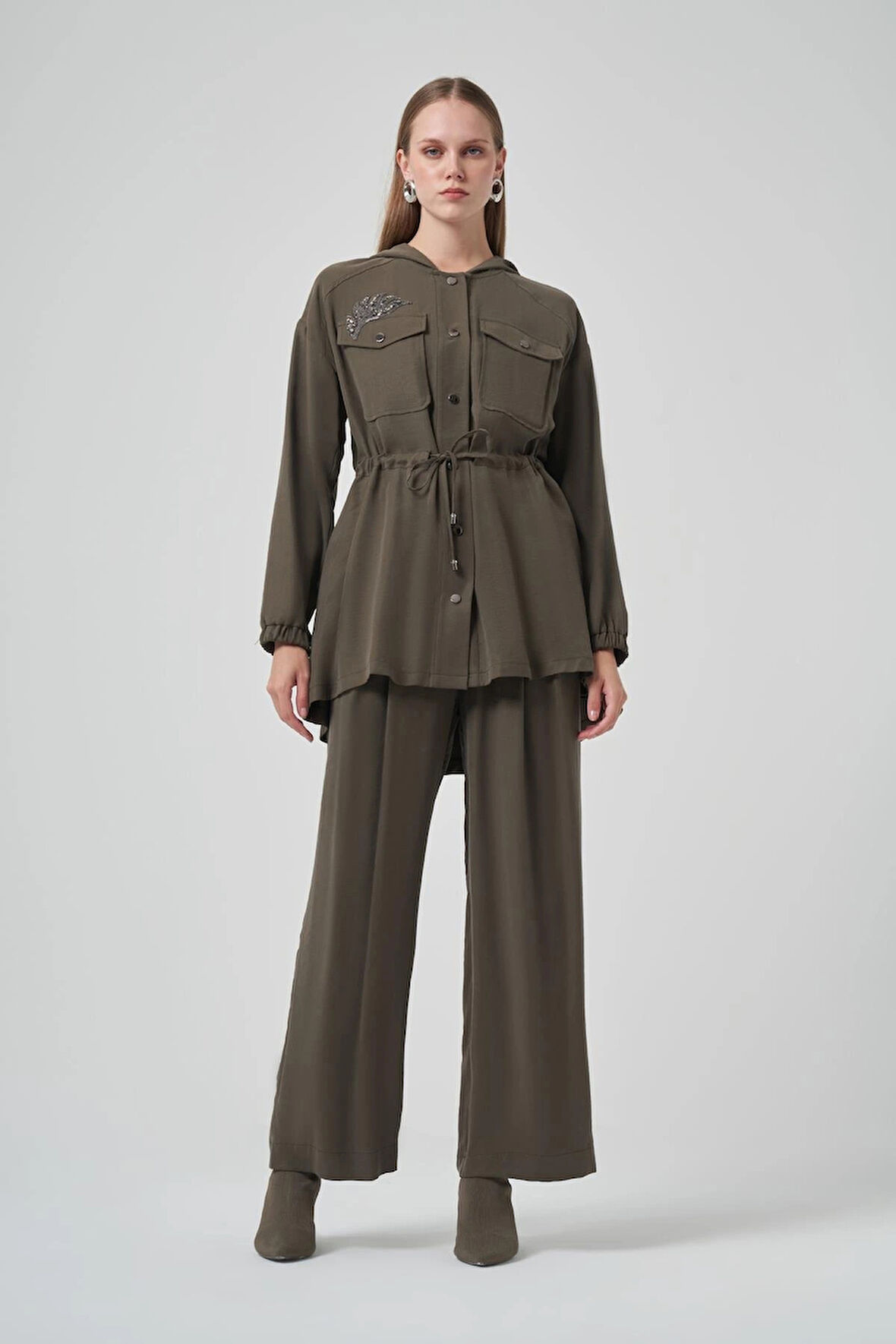 Nuss 1022 Taş İşlemeli Pantolonlu Takım - Haki