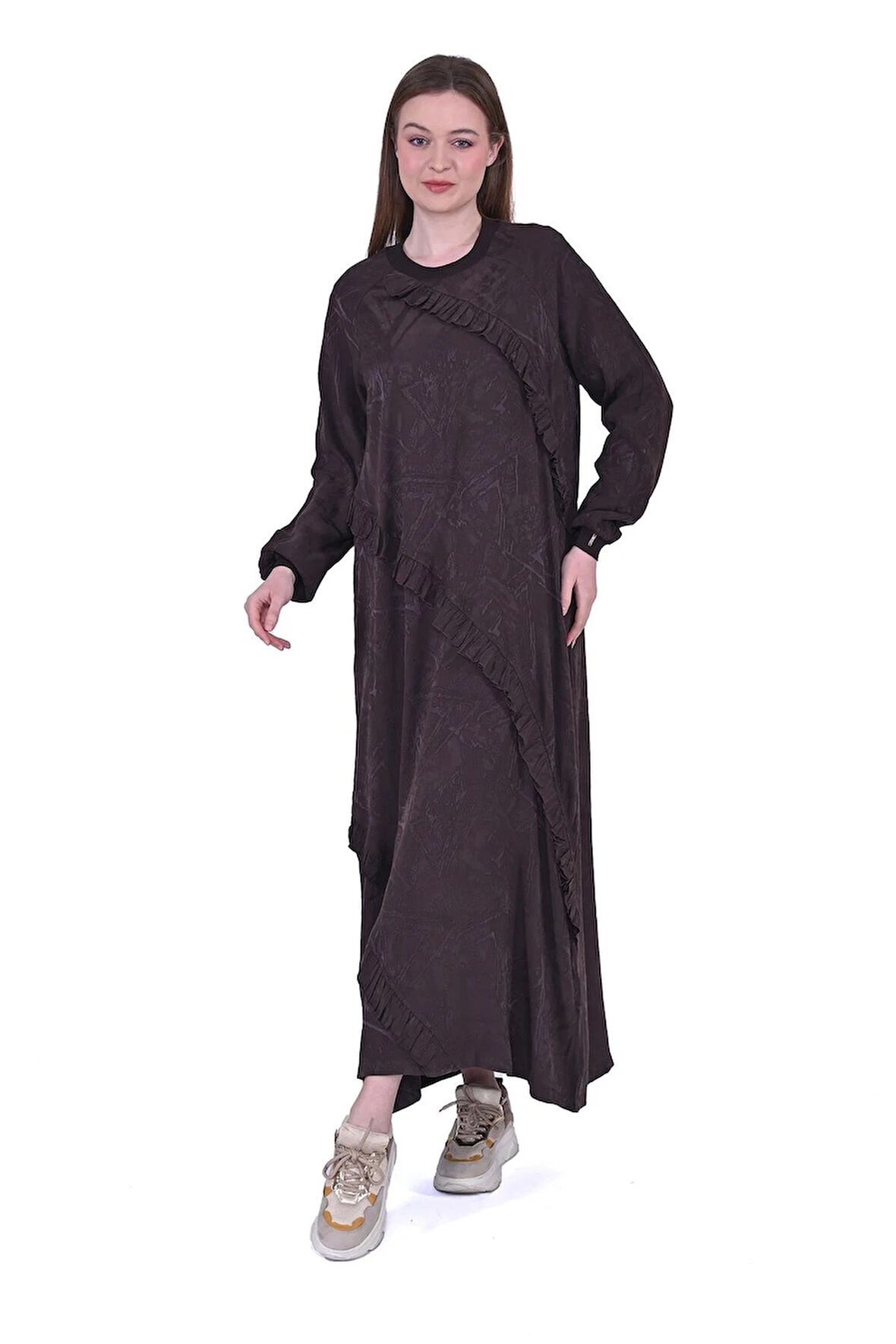 İNVEE MODAL ELBİSE FİRFİR DETAYLİ 7024 HAHVE