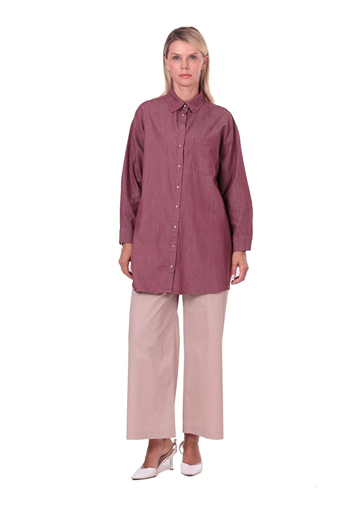 İnvee İnce Denim Gömlek - 7163 BORDO