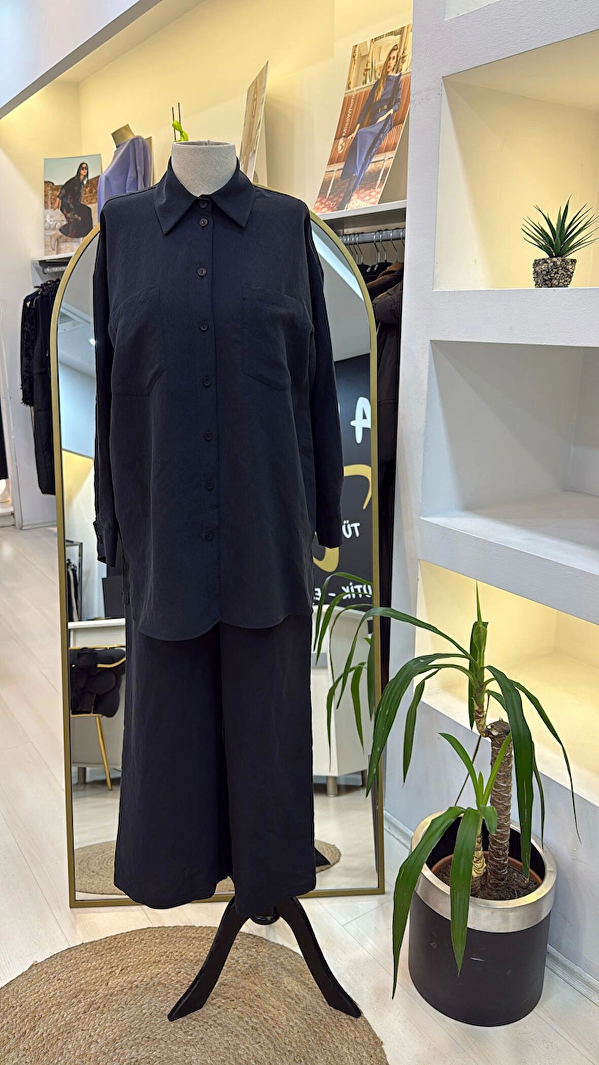 Nuss 1021 Kendinden Çizgili Pantolonlu Takım - siyah