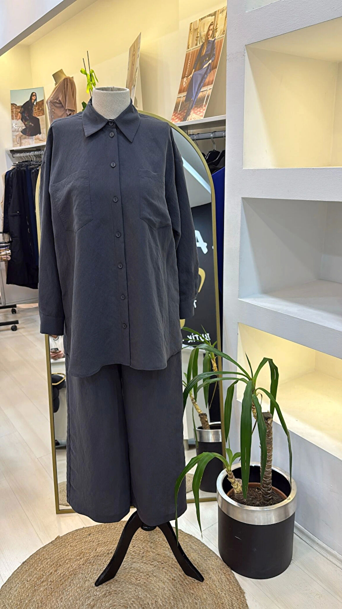 Nuss 1021 Kendinden Çizgili Pantolonlu Takım - Antrasit