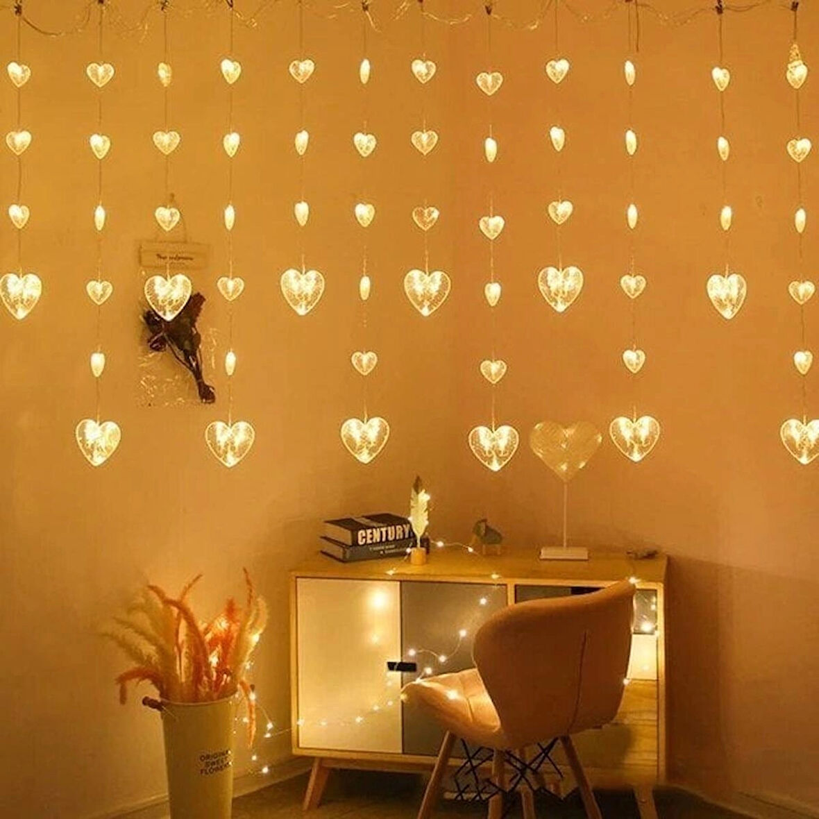 Romantik Kalp Led Aydınlatma,Gün Işığı,3 Metre,8 Mod Dekoratif Saçaklı ve Fişli Sevgililer Günü Ledi