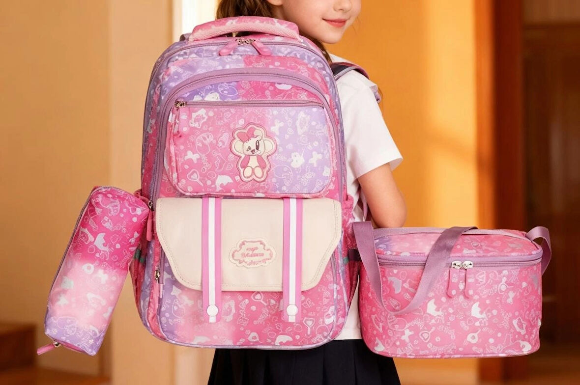 Kuzulu İlkokul 3 lü Çanta Takımı Pembe Renk