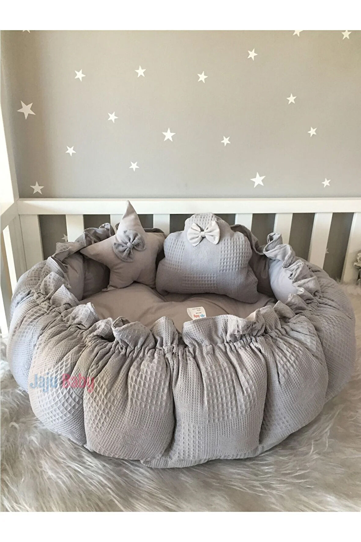 Jaju Babynest Gri Pike Kumaş Kombinli Açılır - Kapanır Oyun Minderi Jaju-babynest Bebek Yuvası