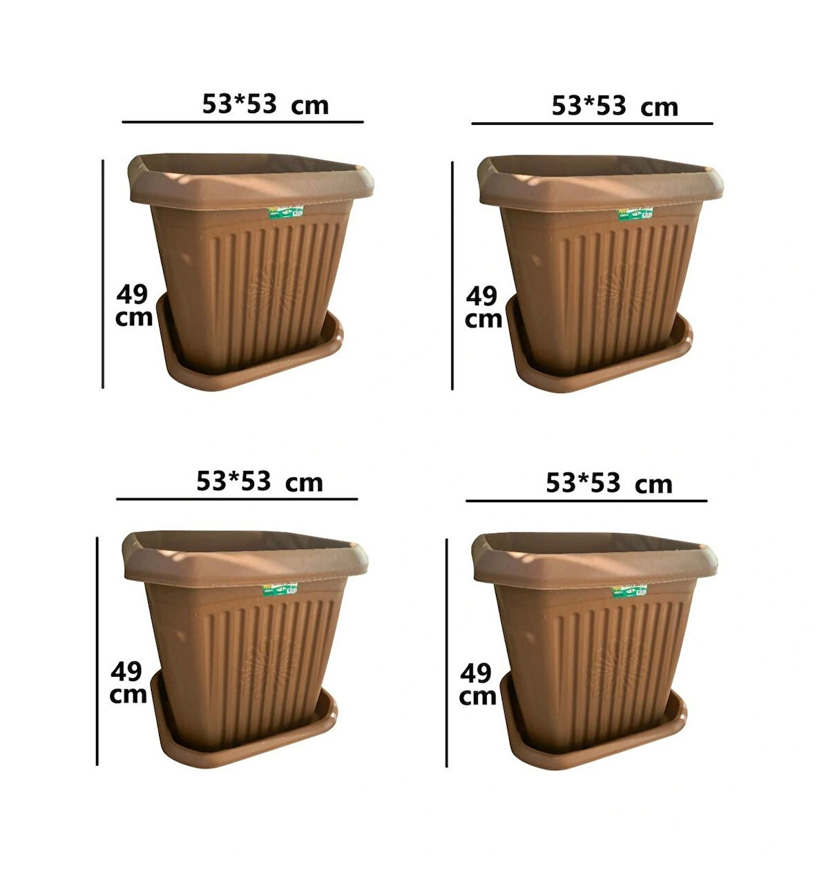 4 Adet Yüksek Kalite Plastik 72 Litre Kare Büyük Boy Bahçe Balkon Salon Çiçek Yada Ağaç Saksı 53*53*49 cm Tabaklı 