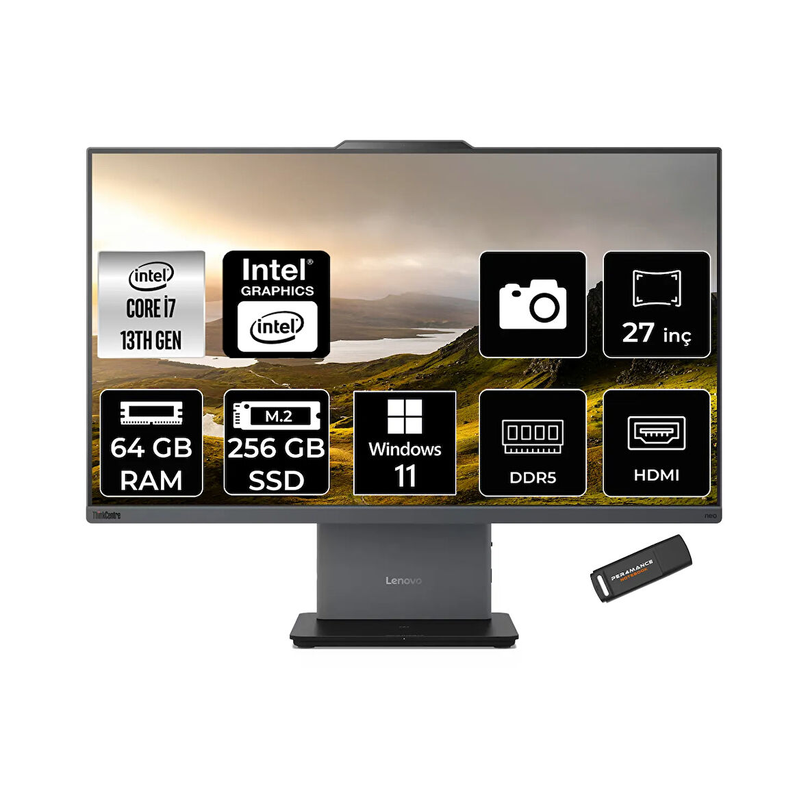 Lenovo ThinkCentre Neo 50A i7 13620H 64GB DDR5 256GB SSD 27" FHD IPS W11P Siyah All in One PC & PER4
