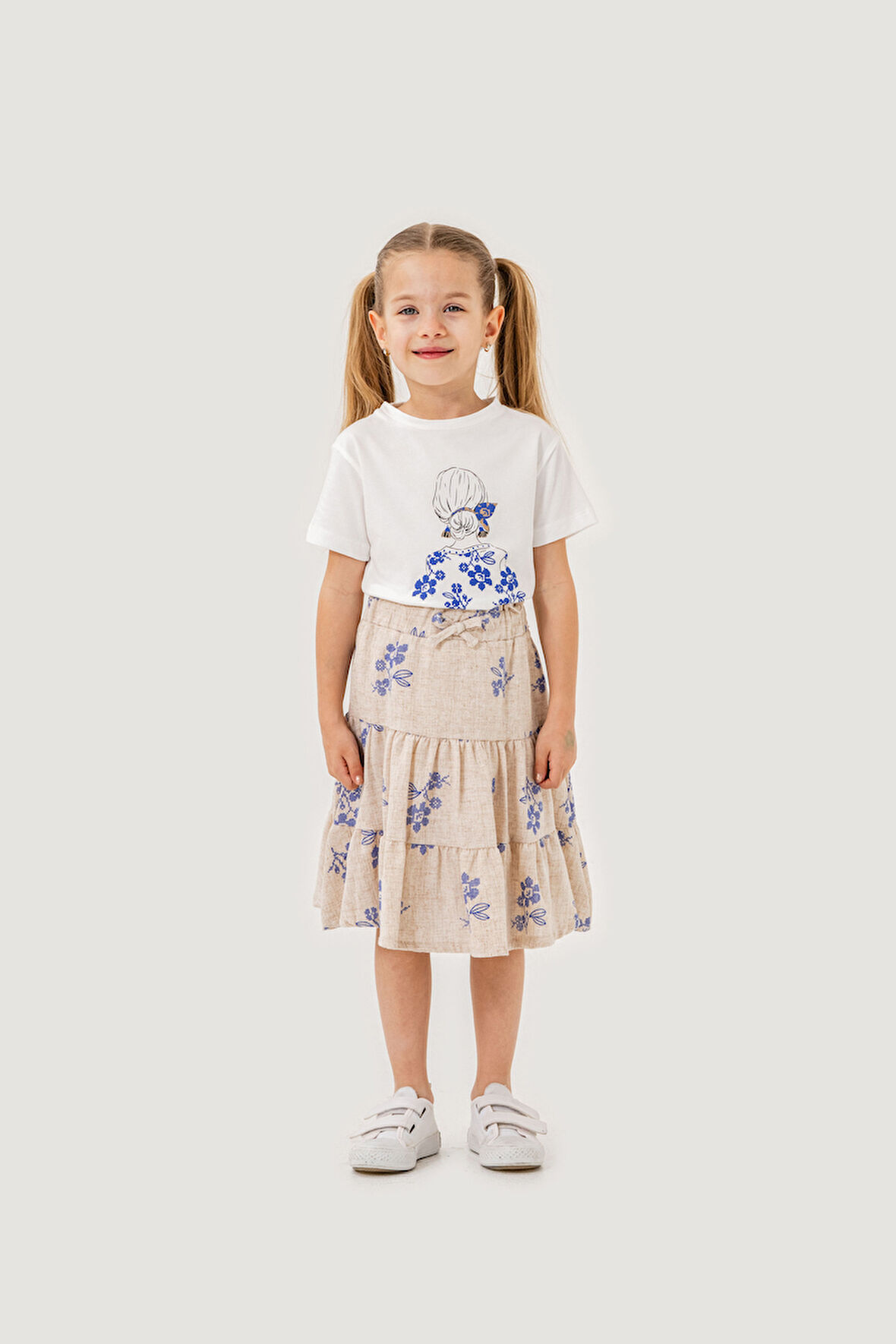 Kız Çocuk Pamuklu T-Shirt Keten Etekli Yazlık Takım 6-9 Yaş