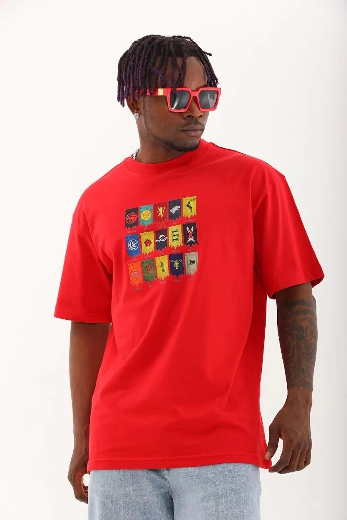 Erkek Baskılı Bisiklet Yaka T-Shirt 20/1 Penye - Kırmızı