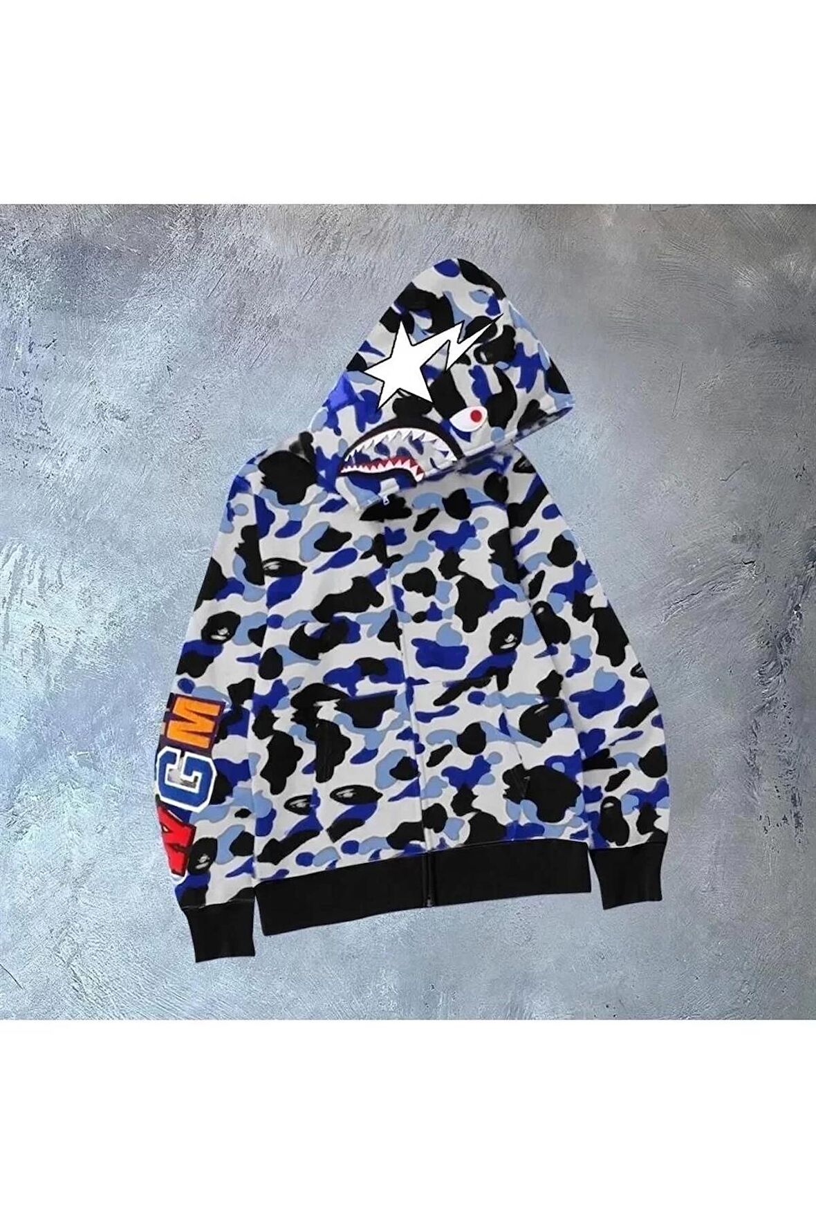 Unisex 2 İplik Bape Kapüşonu Fermuarlı Hırka - Gri