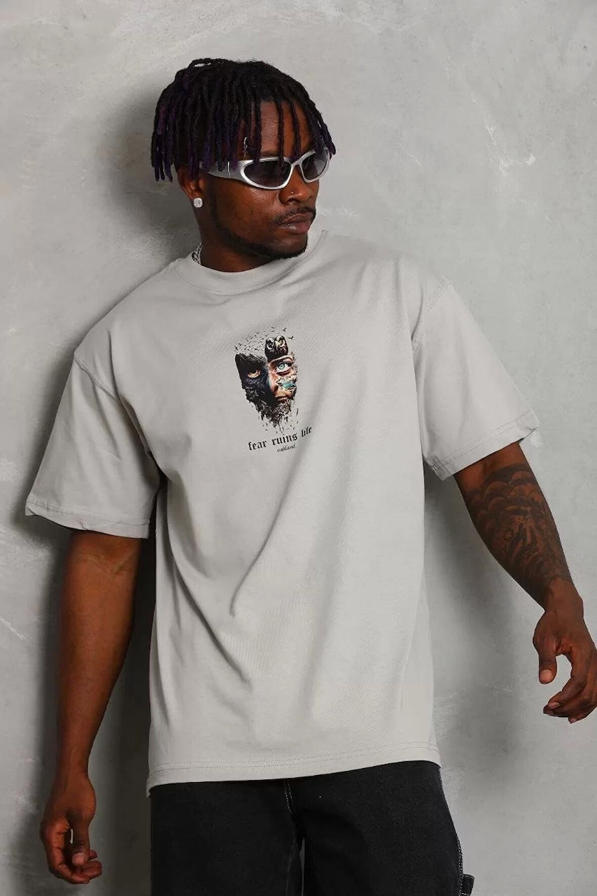 Erkek Baskılı Bisiklet Yaka T-Shirt 20/1 Penye - Gri