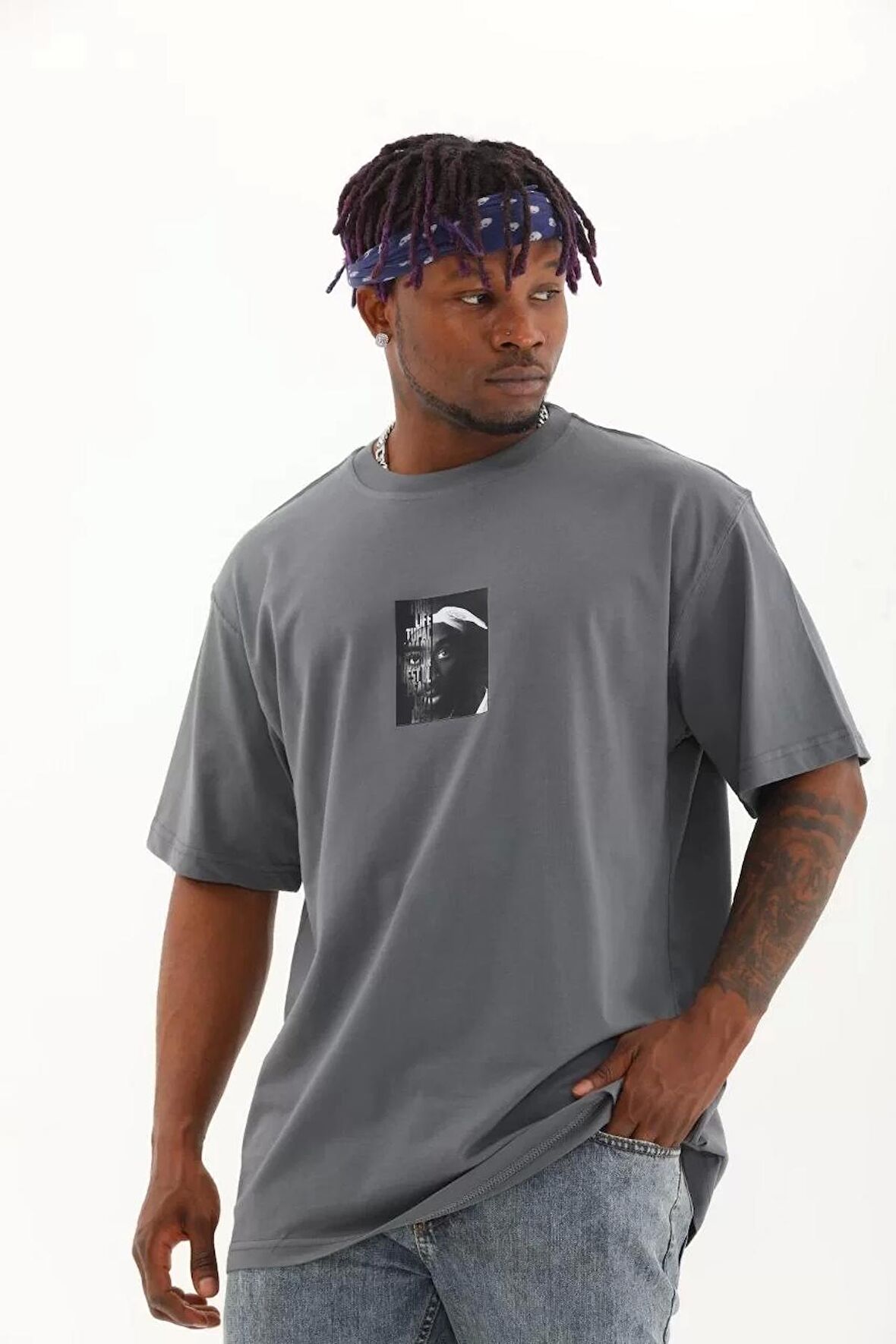 Erkek Baskılı Bisiklet Yaka T-Shirt 20/1 Penye - Füme