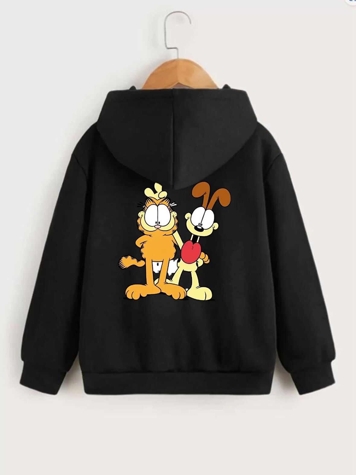 Çocuk Unisex Kapüşonlu Ön ve Arka Garfield Baskılı Sweatshirt - Siyah