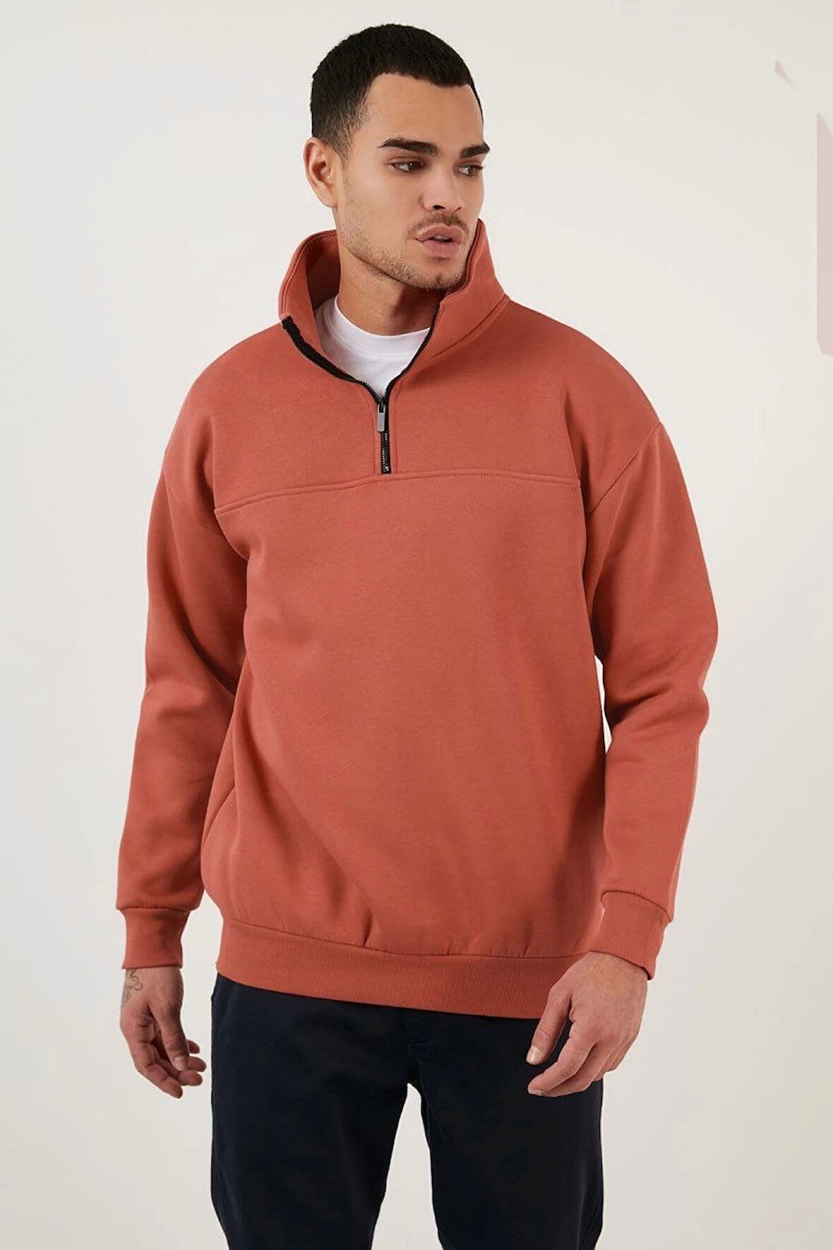 Oversize Yarım Farmuarlı Yakalı Basic SweatShirt - Gül Kurusu