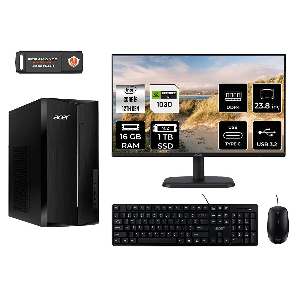 Acer Aspire TC1760 i5 12400 16GB 1TB SSD GT1030/4GB FDOS DT.BHUEM.005 MASAÜSTÜ PC & 23.8" MONİTÖR