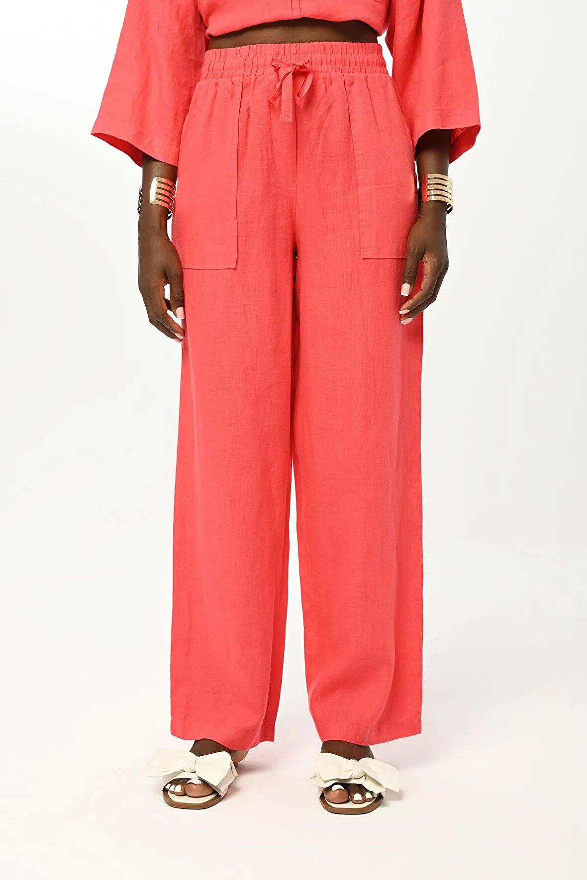 KADIN BELİ LASTİKLİ BOL PAÇA DÜZ RENK KETEN PANTOLON