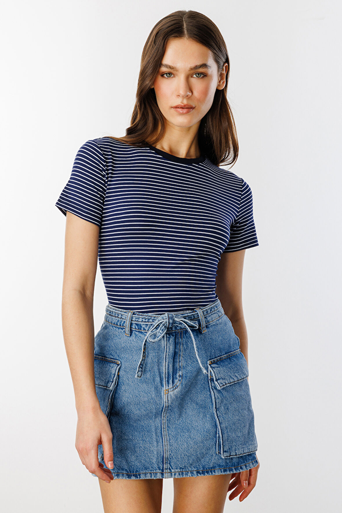Kadın Çizgili Kısa Kollu T-shirt ÇİZGİLİ-T-SHIRT