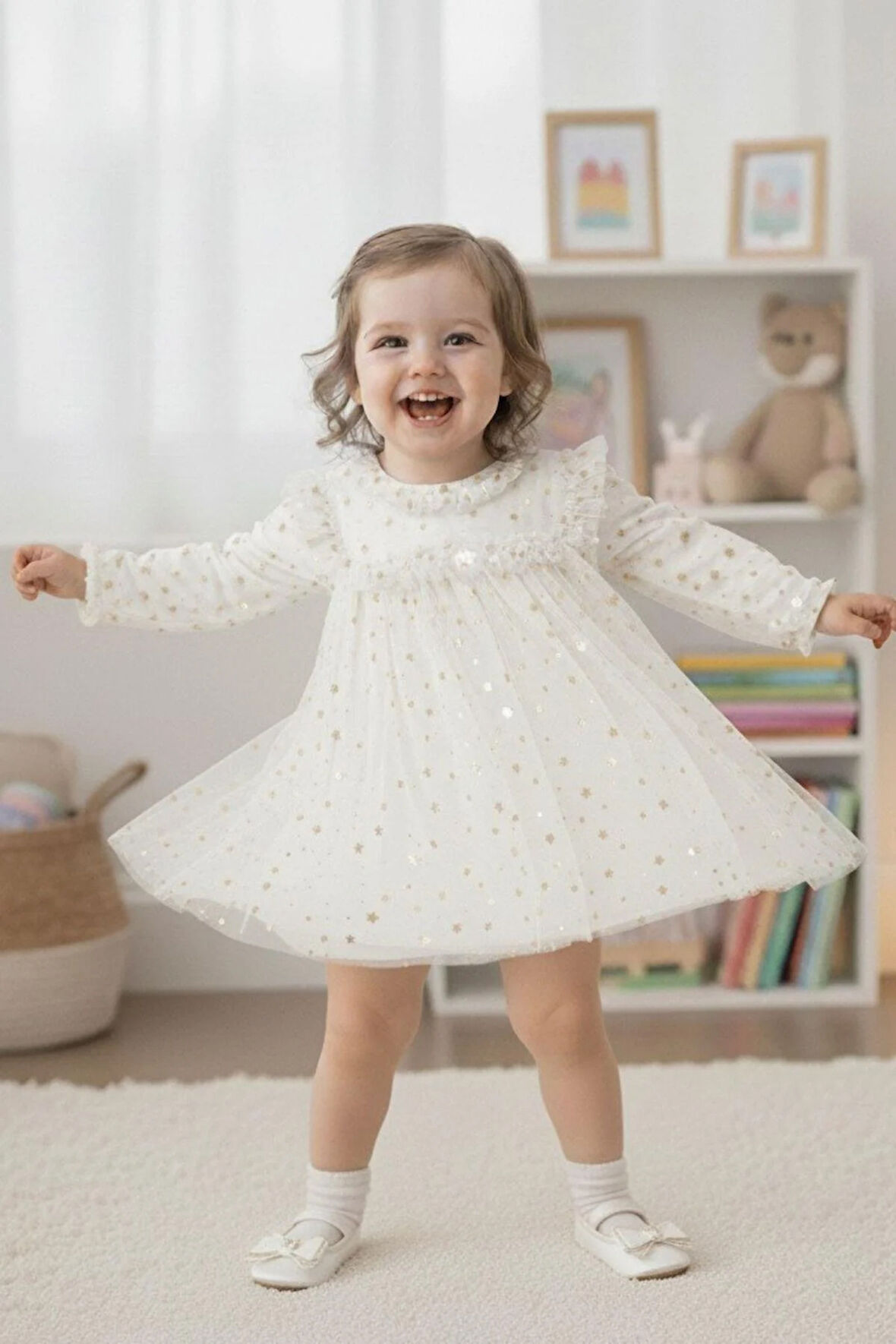 Kız Çocuk Yıldız Desenli Tül Elbise