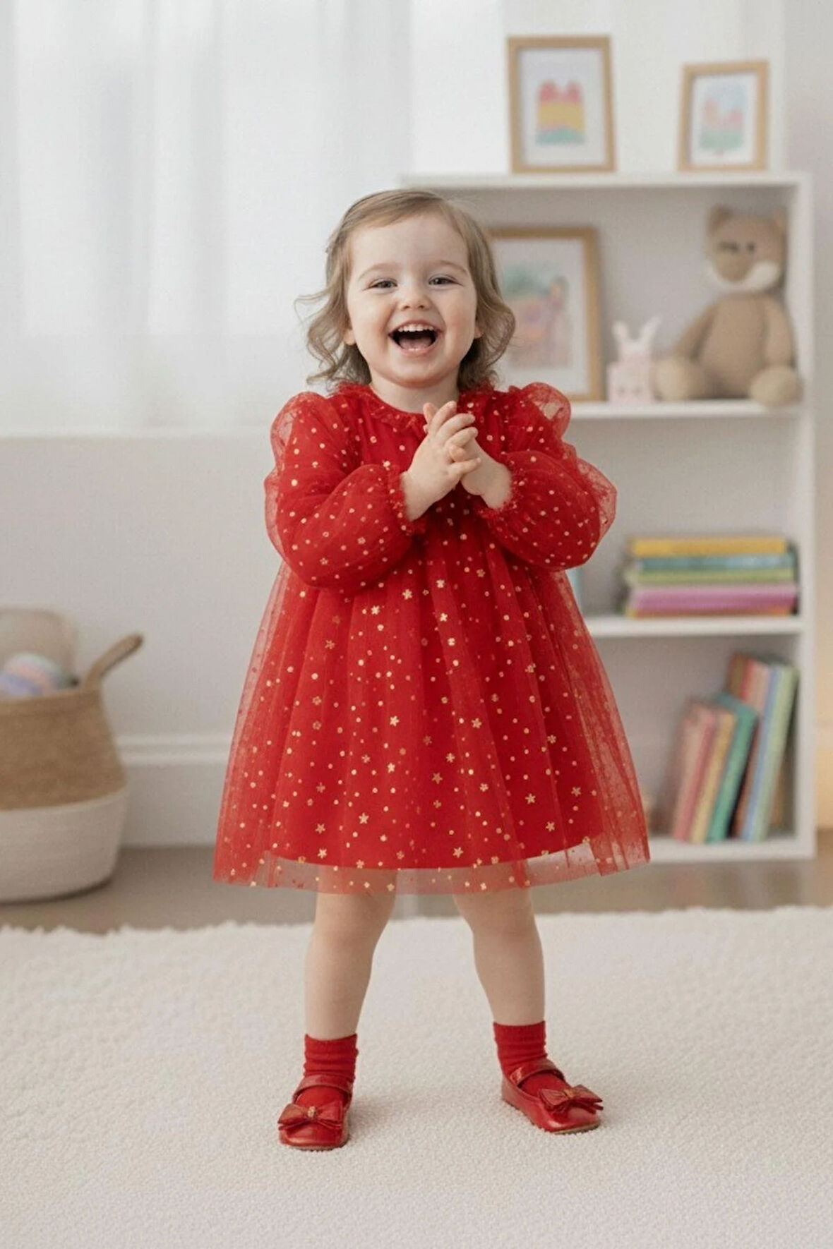 Kız Çocuk Yıldız Desenli Tül Elbise