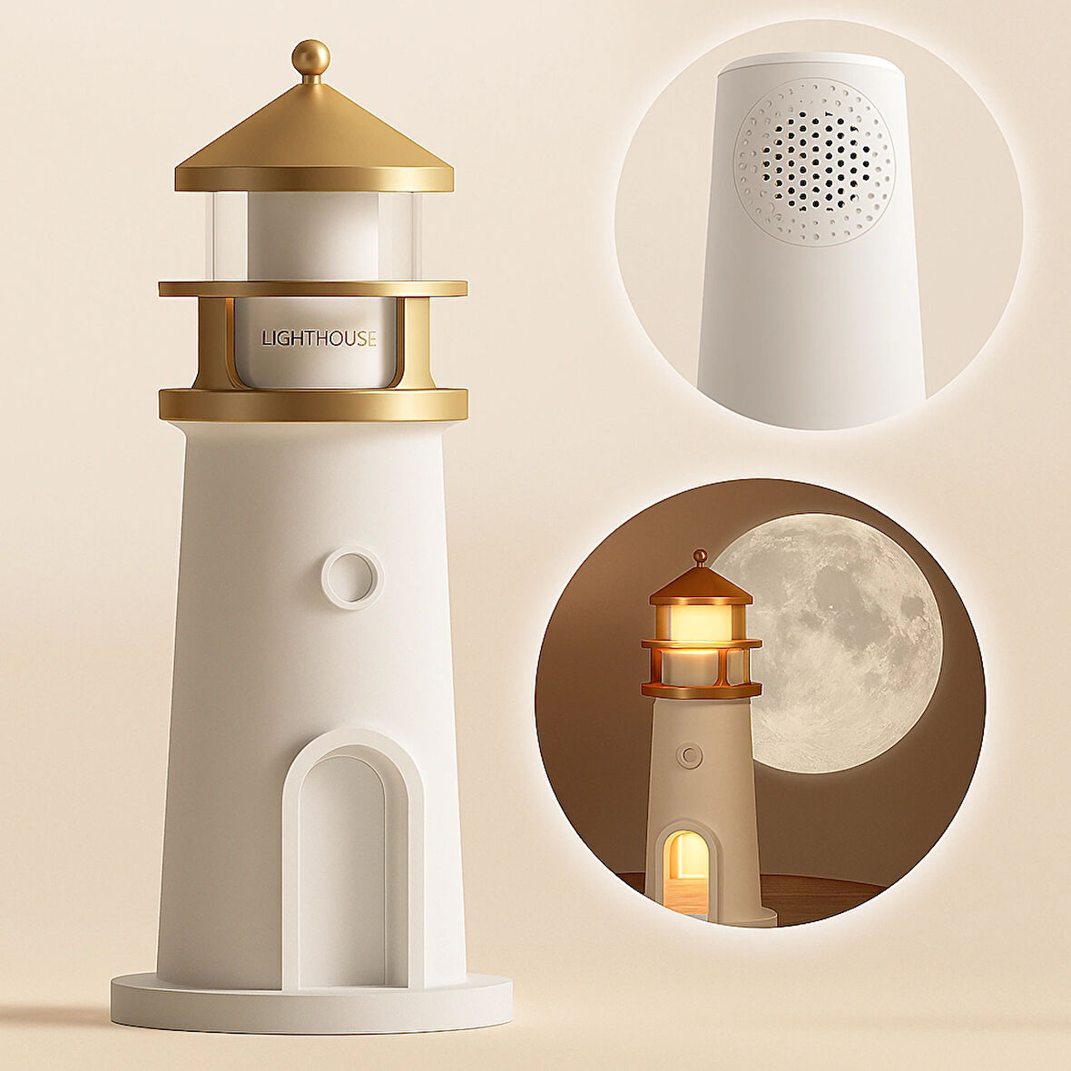 Sevimli Ay Projeksiyonlu Deniz Feneri Lambası Bluetooth Hoparlörlü 3 Kademeli Kısılabilir Kablosuz Masa Lambası