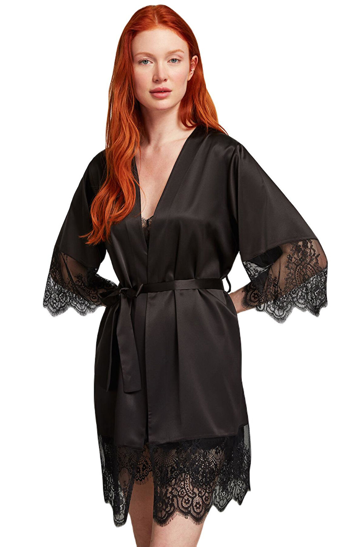 Penye Mood Kadın Siyah Dantelli Sabahlık Takımı 2006