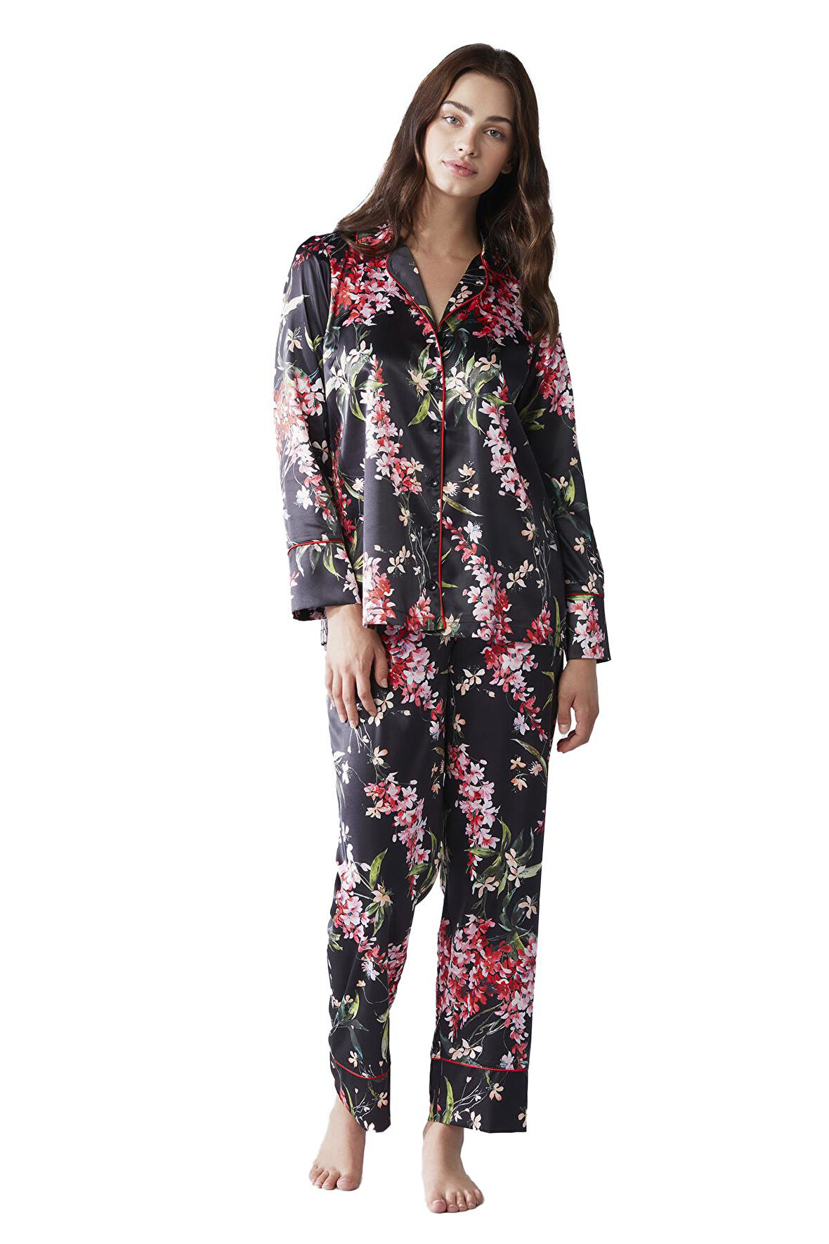 Penye Mood Kadın Çiçek Desenli Saten Pijama Takımı 2040