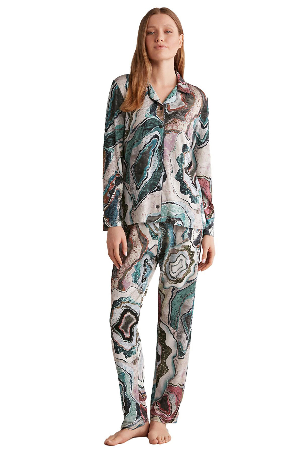 Penye Mood Kadın Yeşil Desenli Pijama Takımı 9501