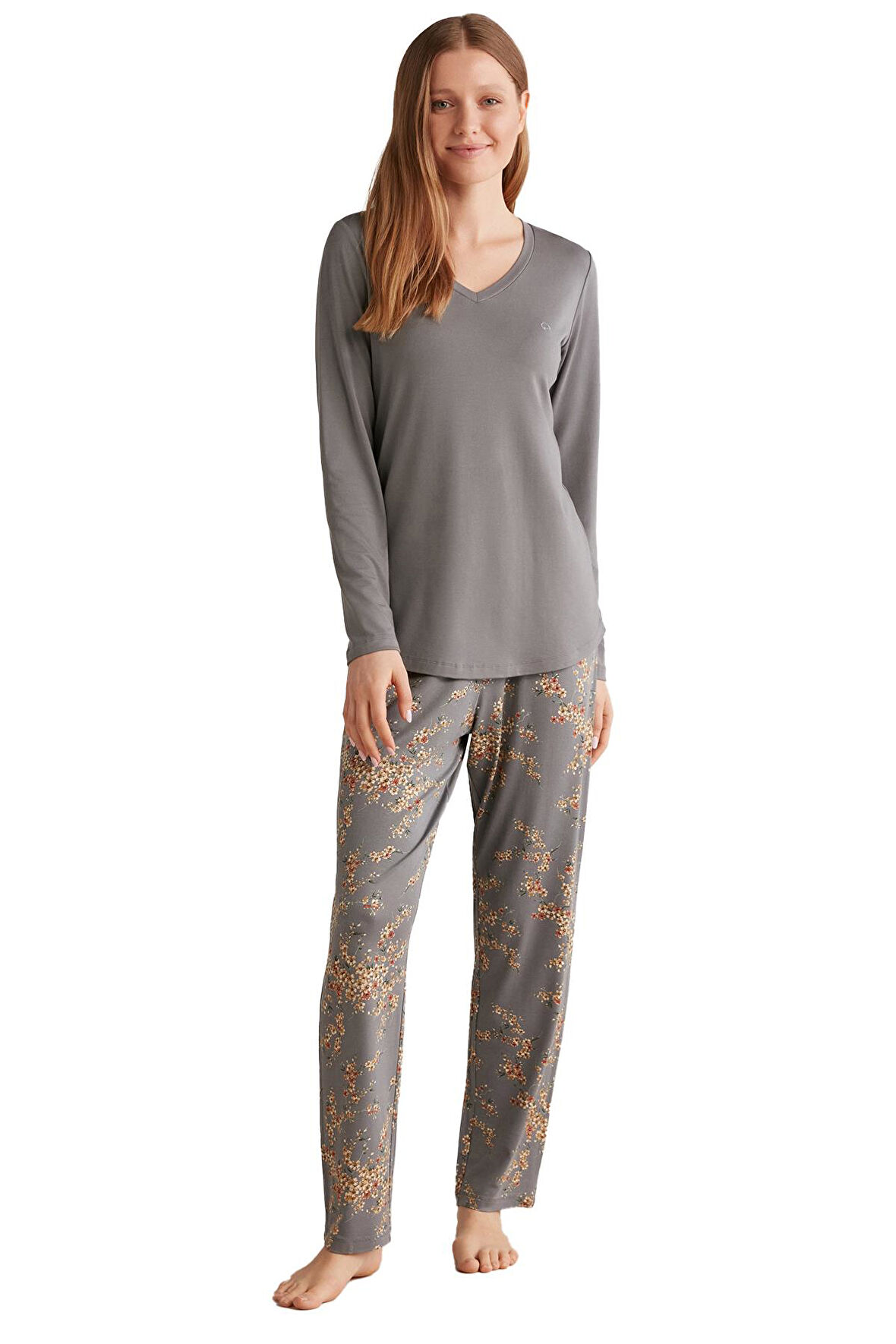 Penye Mood Kadın Yumuşak Dokulu Gri Pijama Takımı 9503