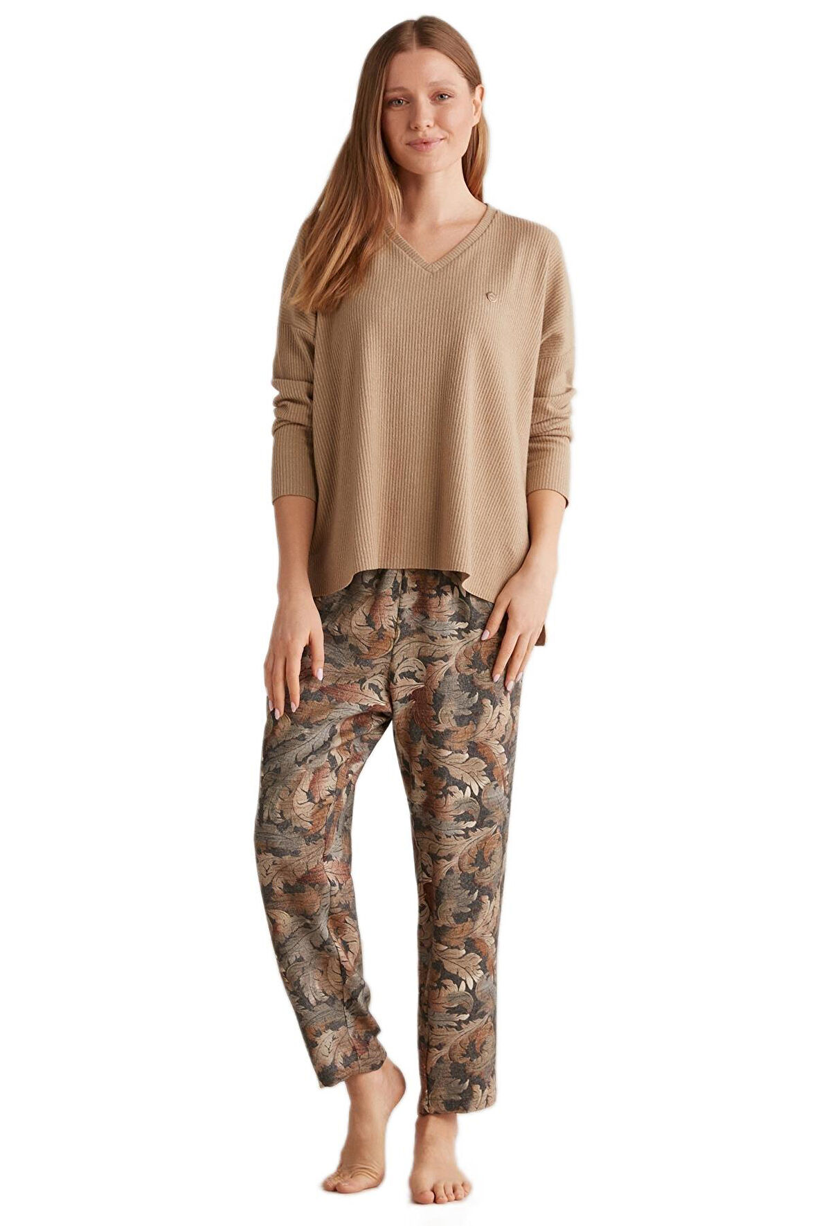 Penye Mood Kadın Silky Feel Bej Pijama Takımı 9517
