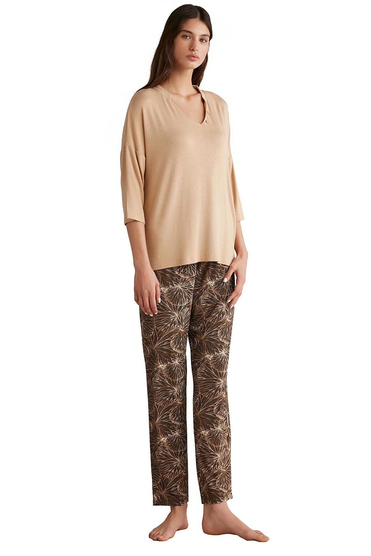 Penye Mood Kadın Yumuşak Dokulu Bej Pijama Takımı 9525