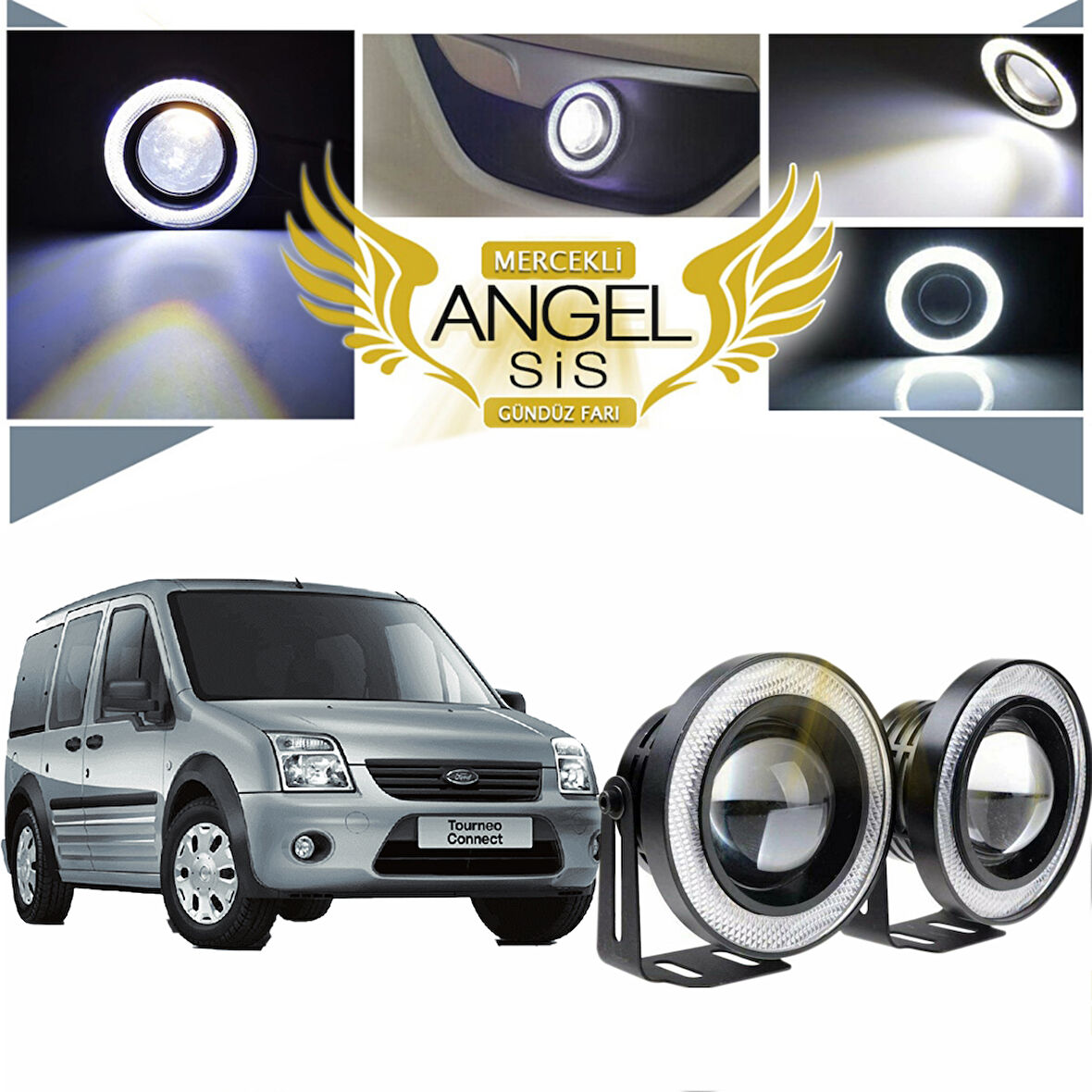 Ford Transit Connect Uyumlu, Universal Mercekli Led Angel Sis Farı, 76mm Beyaz Renk