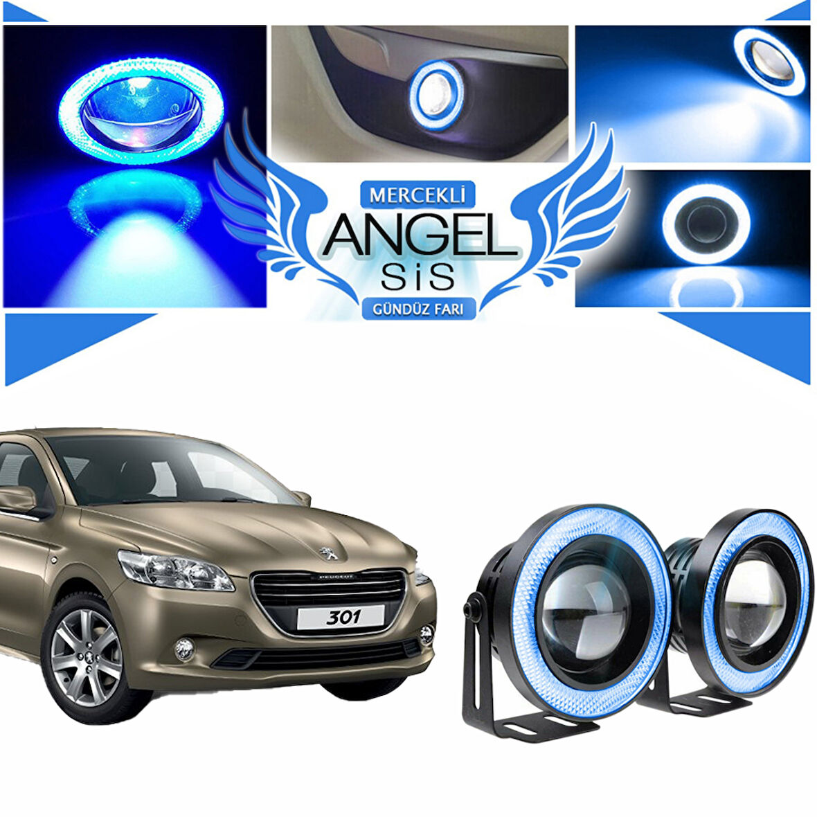 Peugeot 301 Uyumlu, Universal Mercekli Led Angel Sis Farı, 76mm Buz Mavi Renk