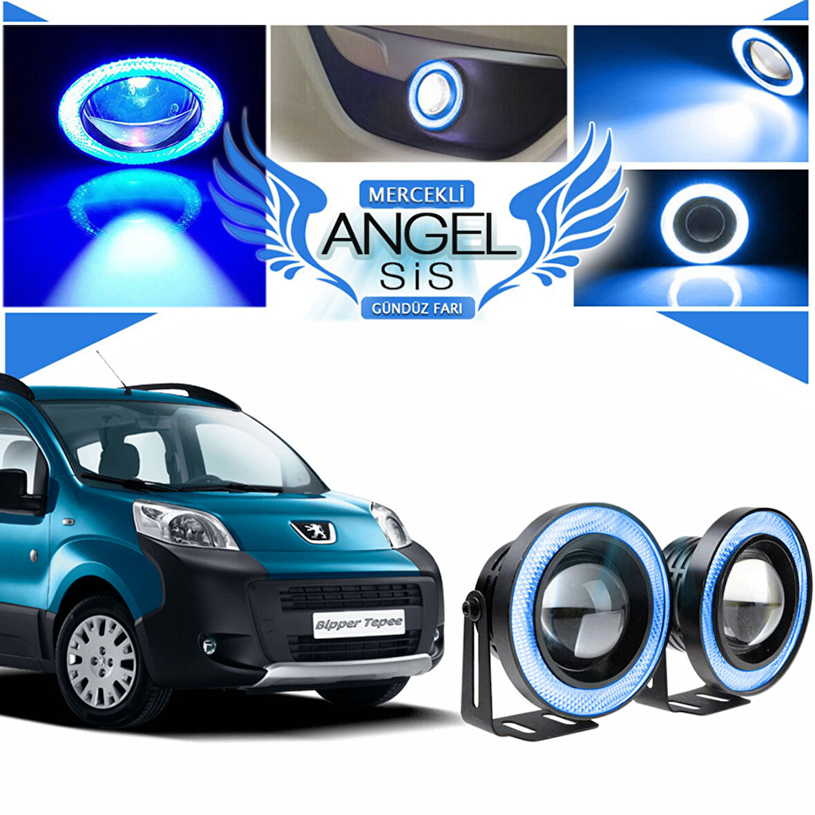 Peugeot Bipper Uyumlu, Universal Mercekli Led Angel Sis Farı, 76mm Buz Mavi Renk