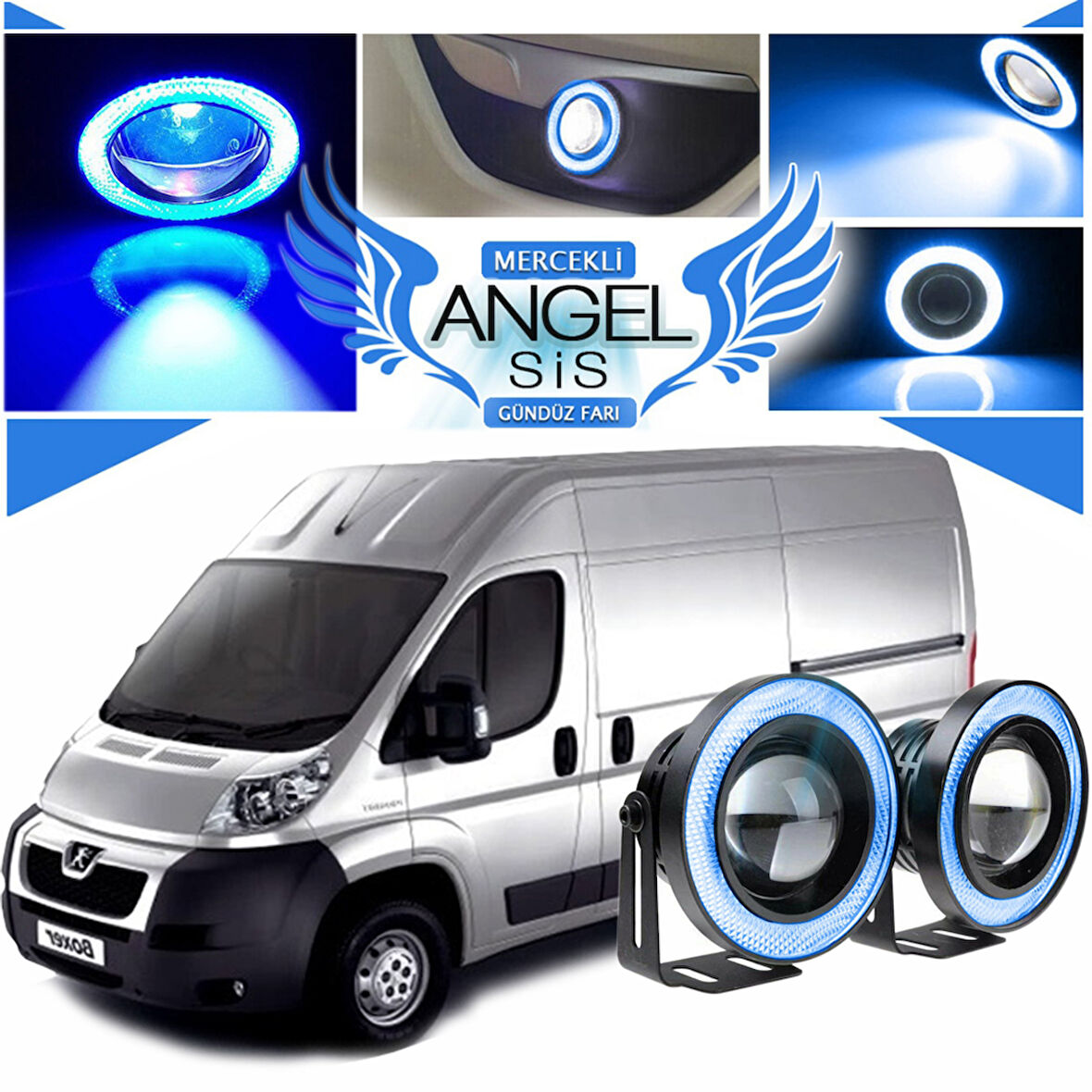 Peugeot Boxer Uyumlu, Universal Mercekli Led Angel Sis Farı, 76mm Buz Mavi Renk