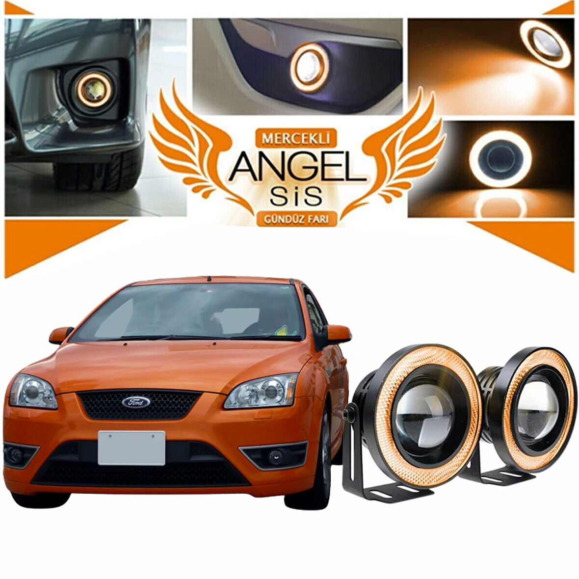 Ford Focus 2 Uyumlu, Universal Mercekli Led Angel Sis Farı, 76mm Turuncu Renk