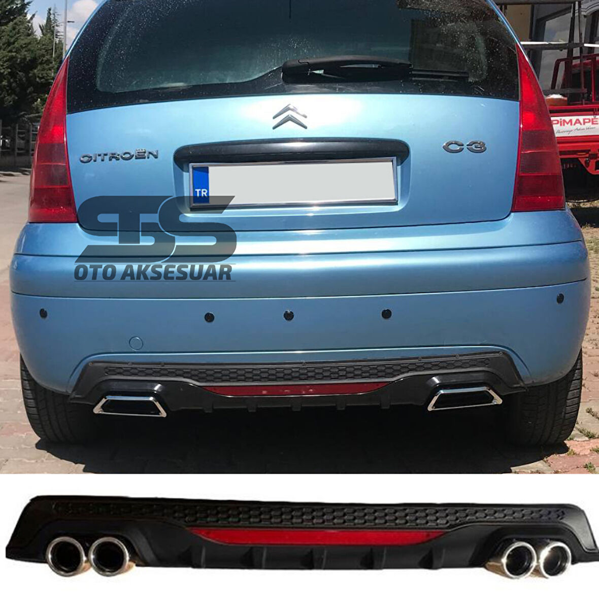 Citroen C3 Difüzör Arka Tampon Eki 4 Egzoz Çıkışlı Siyah Lüx Tip