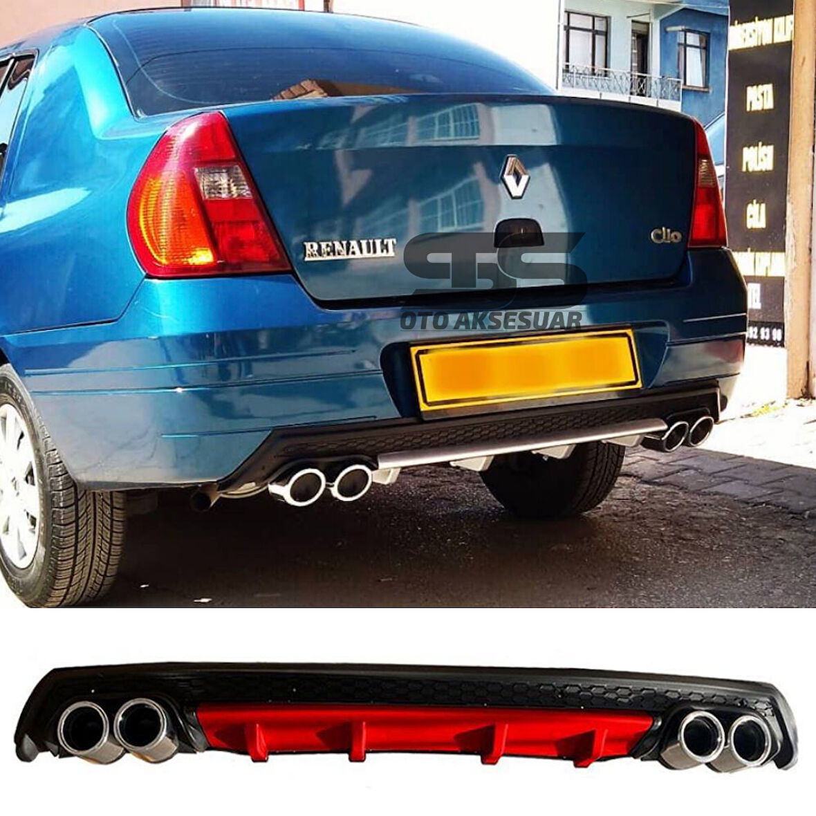Ranault Clio 2 Sedan Difüzör Arka Tampon Eki 4 Egzoz Çıkışlı Kırmızı Lüx Tip