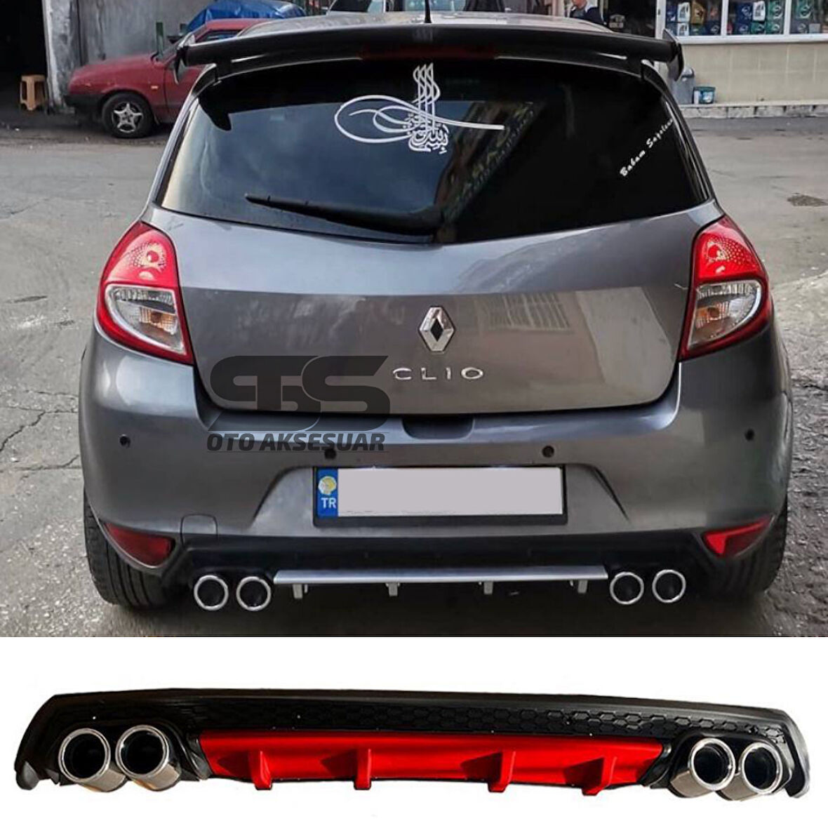 Renault Clio 3 Difüzör Arka Tampon Eki 4 Egzoz Çıkışlı Kırmızı Lüx Tip