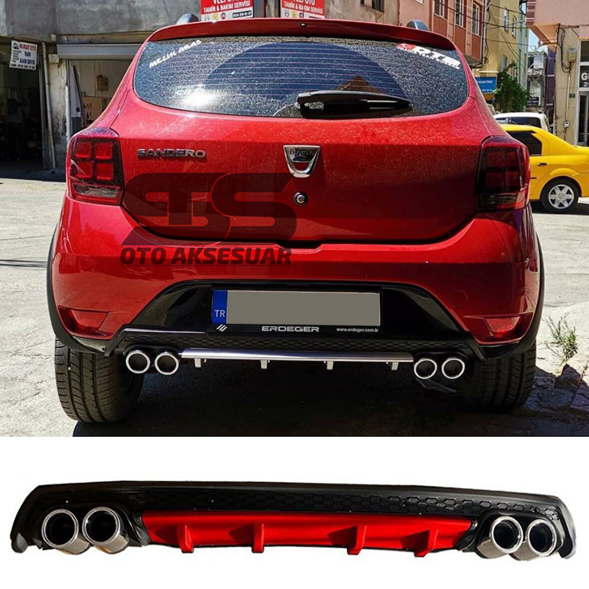 Dacia Sandero Difüzör Arka Tampon Eki 4 Egzoz Çıkışlı Kırmızı Lüx Tip
