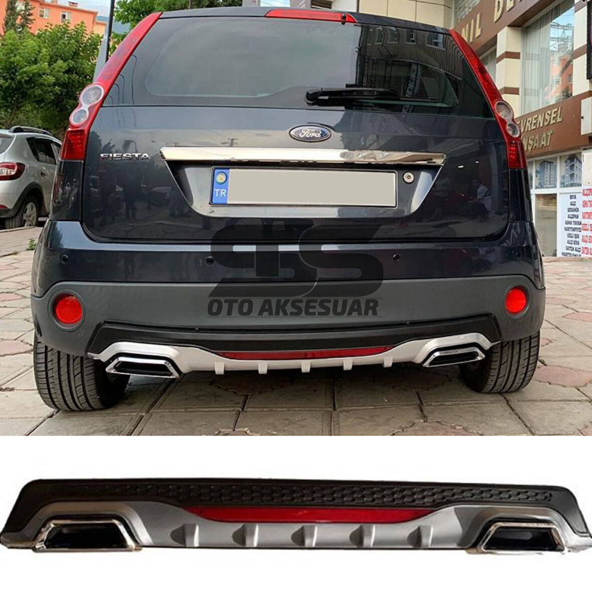 Ford Fiesta 2003-2008 Difüzör Arka Tampon Eki 2 Egzoz Çıkışlı Gri Reflektörlü