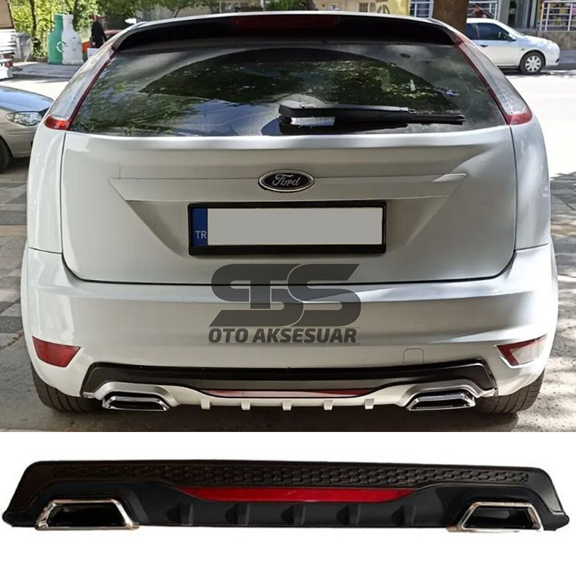 Ford Focus 2 HB Difüzör Arka Tampon Eki 2 Egzoz Çıkışlı Siyah Reflektörlü