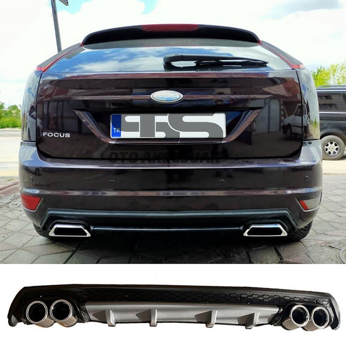 Ford Focus 2 HB Difüzör Arka Tampon Eki 4 Egzoz Çıkışlı Gri Lüx Tip