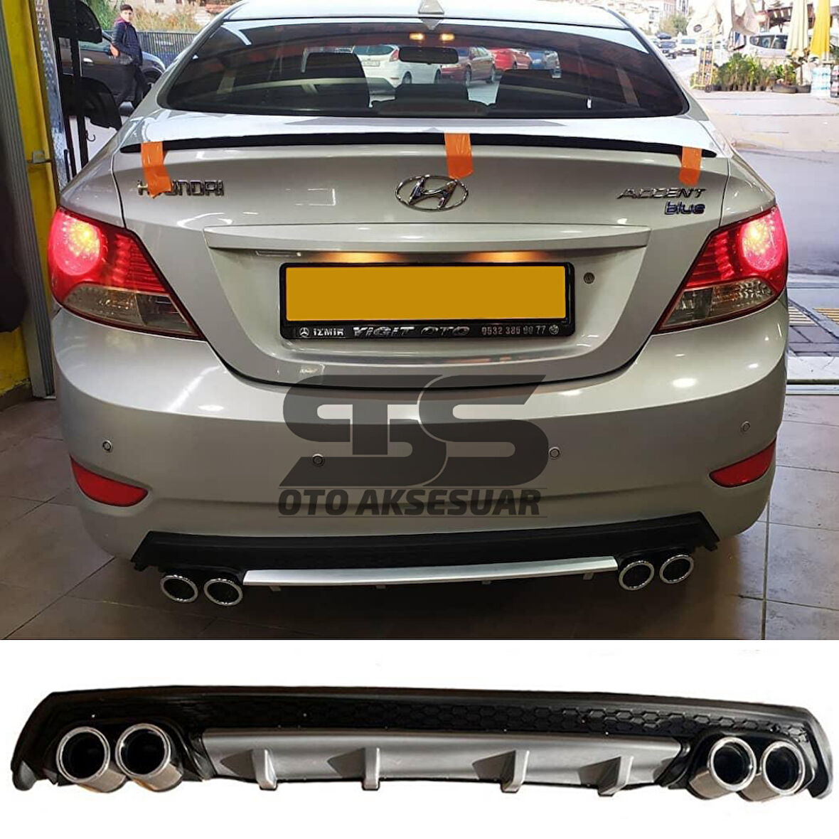 Hyundai Accent Blue Difüzör Arka Tampon Eki 4 Egzoz Çıkışlı Gri Lüx Tip