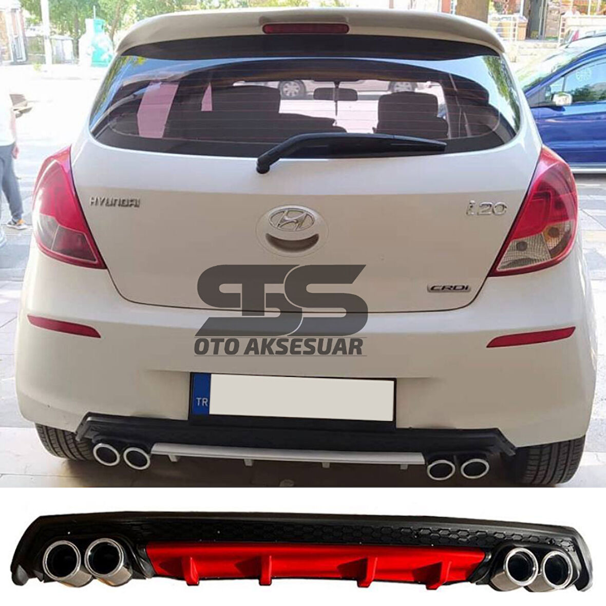 Hyundai i20 Difüzör Arka Tampon Eki 4 Egzoz Çıkışlı Kırmızı Lüx Tip