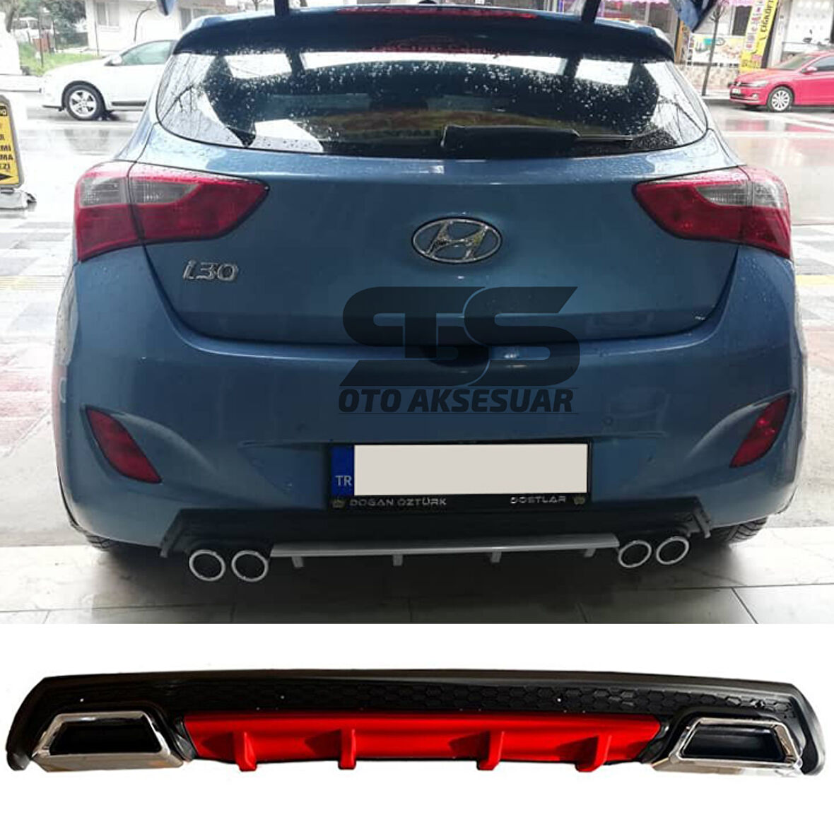 Hyundai i30 Difüzör Arka Tampon Eki 2 Egzoz Çıkışlı Kırmızı Lüx Tip