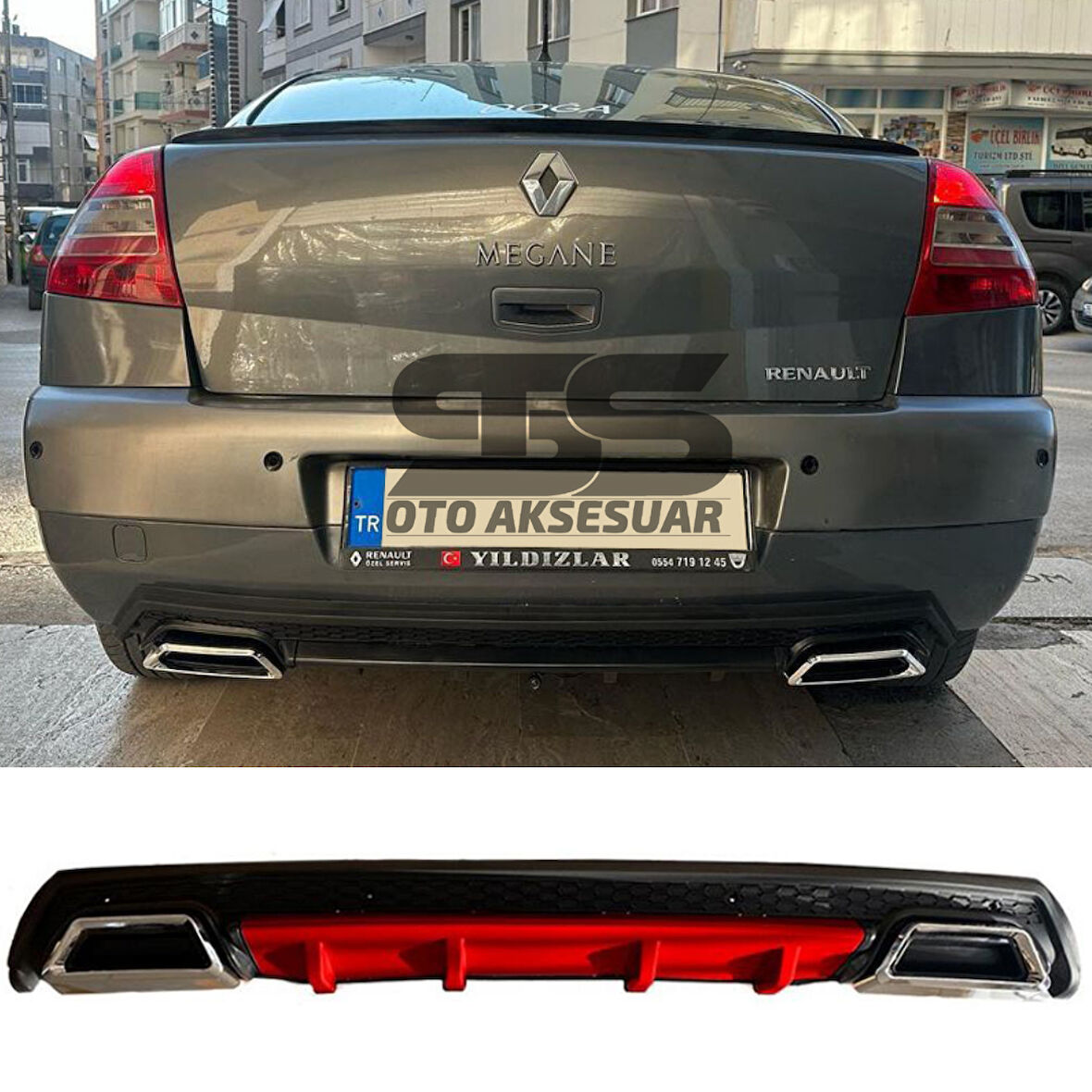 Renault Megane 2 Sedan Difüzör Arka Tampon Eki 2 Egzoz Çıkışlı Kırmızı Lüx Tip