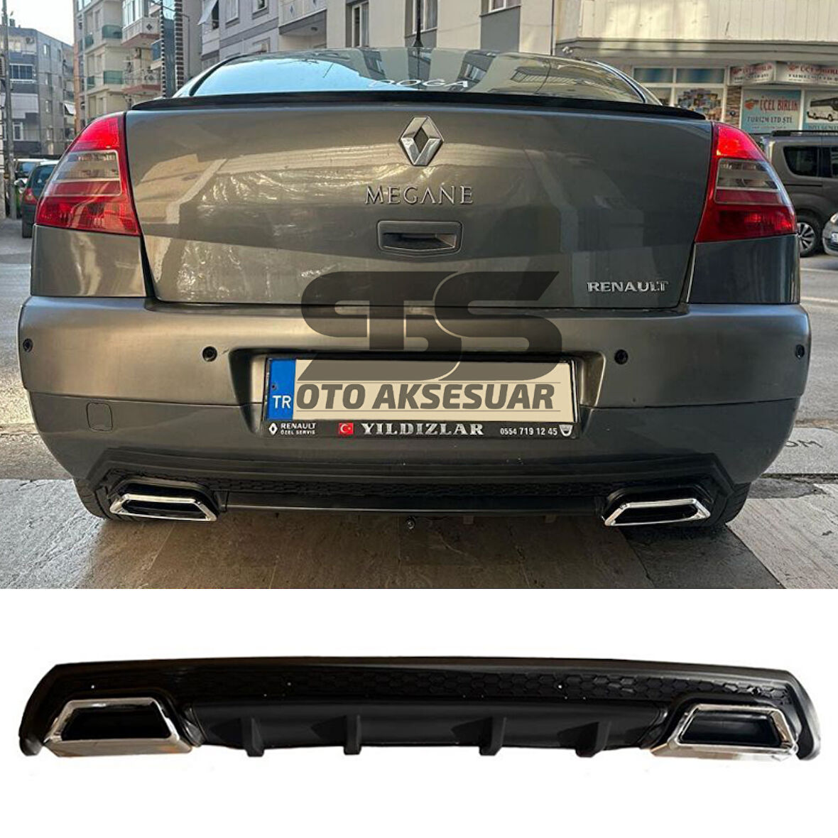 Renault Megane 2 Sedan Difüzör Arka Tampon Eki 2 Egzoz Çıkışlı Siyah Lüx Tip