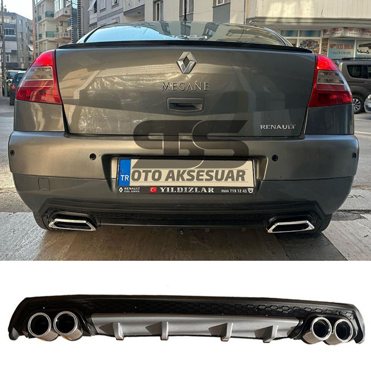 Renault Megane 2 Sedan Difüzör Arka Tampon Eki 4 Egzoz Çıkışlı Gri Lüx Tip