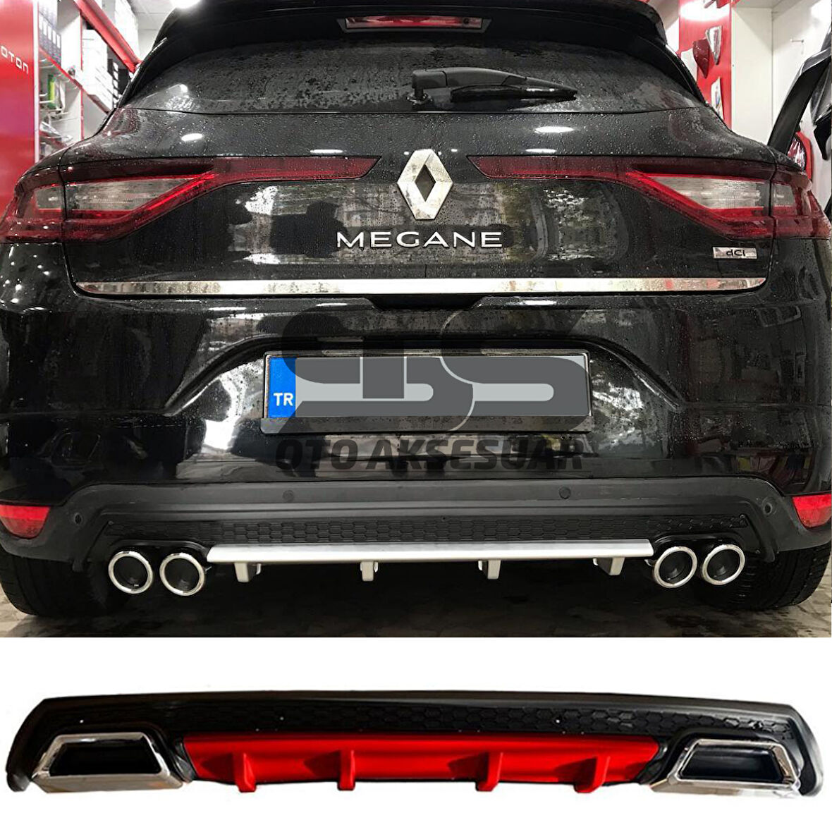 Renault Megane 4 Difüzör Arka Tampon Eki 2 Egzoz Çıkışlı Kırmızı Lüx Tip